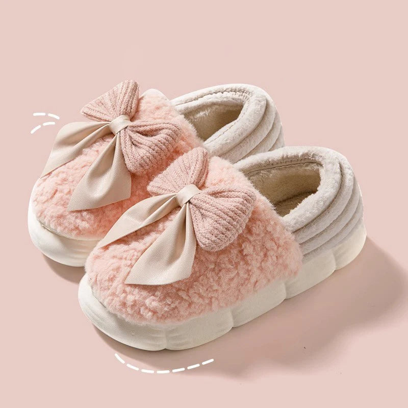 Cotton slippers for women bow slippers for autumn and winter warm for women thick soled non slip home plush slippers