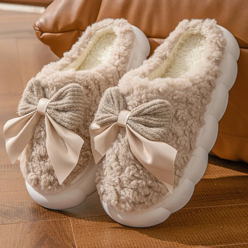 Cotton slippers for women bow slippers for autumn and winter warm for women thick soled non slip home plush slippers