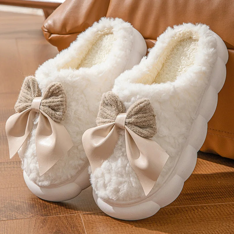 Cotton slippers for women bow slippers for autumn and winter warm for women thick soled non slip home plush slippers
