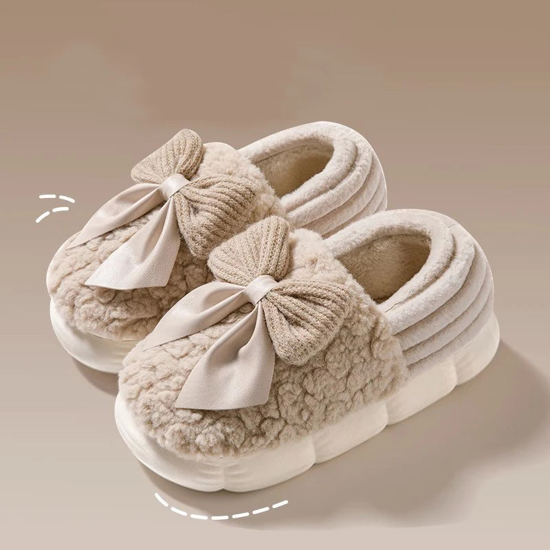 Cotton slippers for women bow slippers for autumn and winter warm for women thick soled non slip home plush slippers