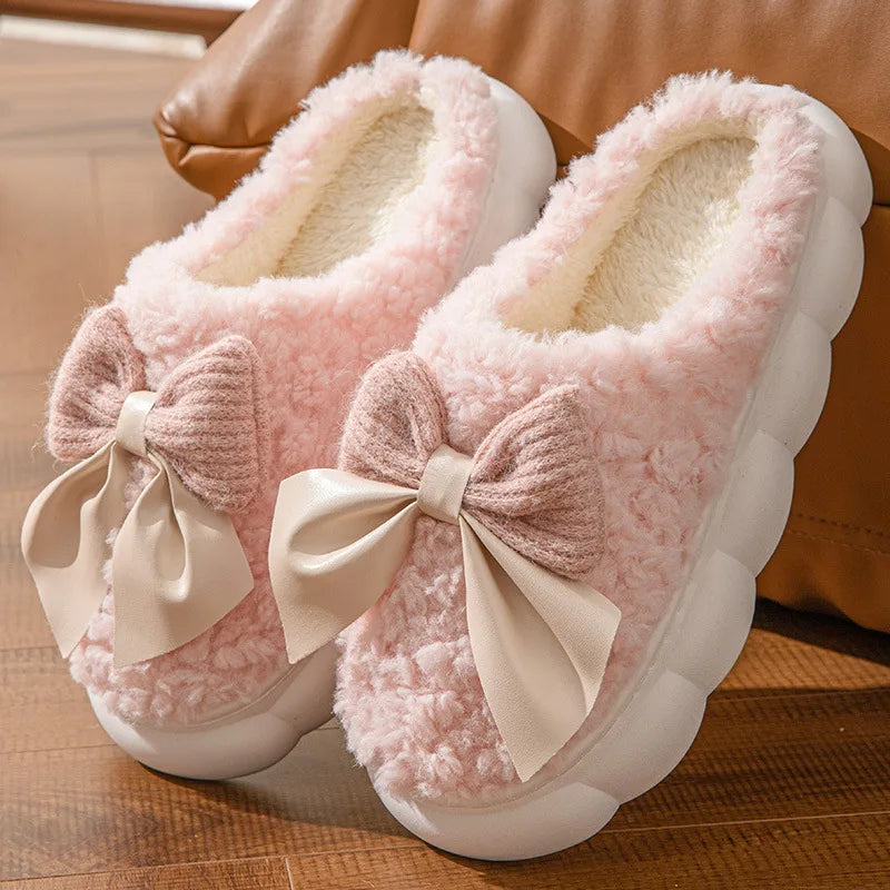 Cotton slippers for women bow slippers for autumn and winter warm for women thick soled non slip home plush slippers