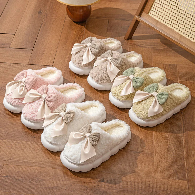 Cotton slippers for women bow slippers for autumn and winter warm for women thick soled non slip home plush slippers