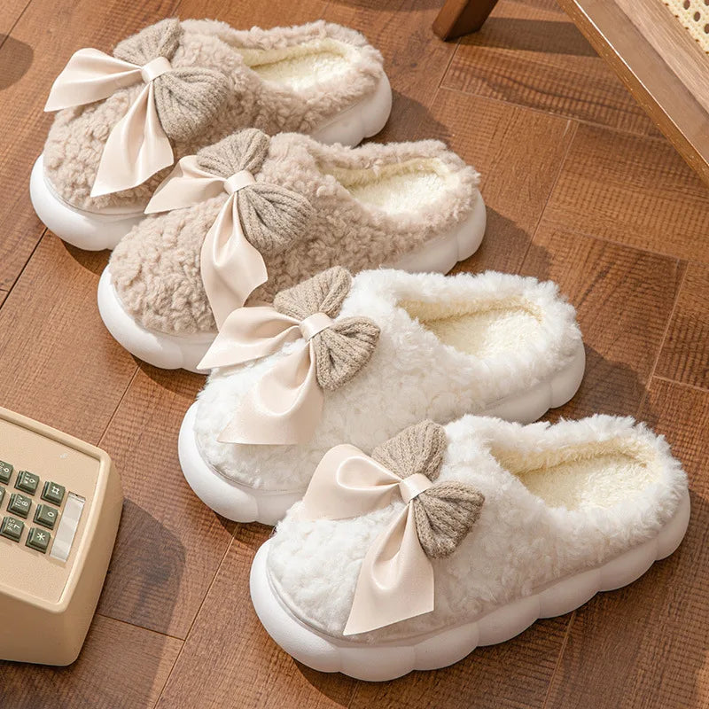 Cotton slippers for women bow slippers for autumn and winter warm for women thick soled non slip home plush slippers