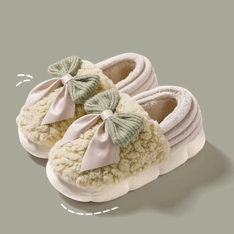 Cotton slippers for women bow slippers for autumn and winter warm for women thick soled non slip home plush slippers
