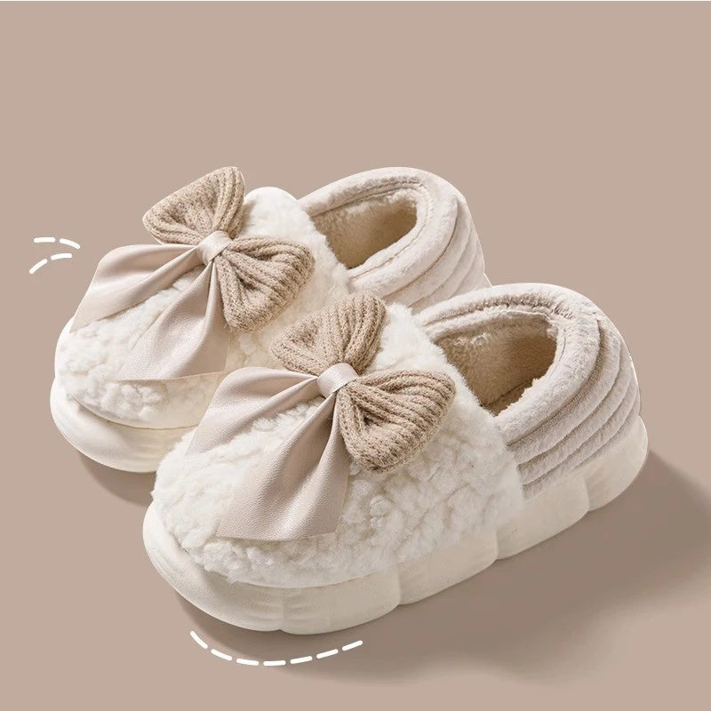 Cotton slippers for women bow slippers for autumn and winter warm for women thick soled non slip home plush slippers