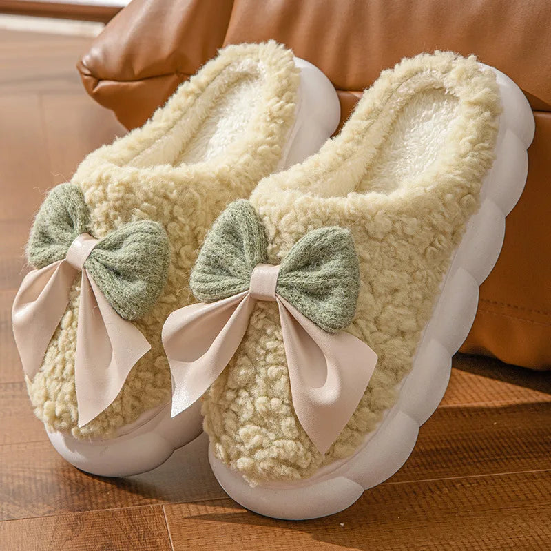 Cotton slippers for women bow slippers for autumn and winter warm for women thick soled non slip home plush slippers